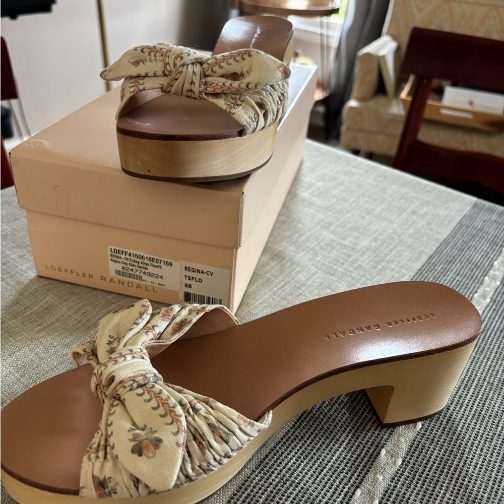 Loeffler Randall Regina ticking stripe Floral Cream clogs slides sandals 8B